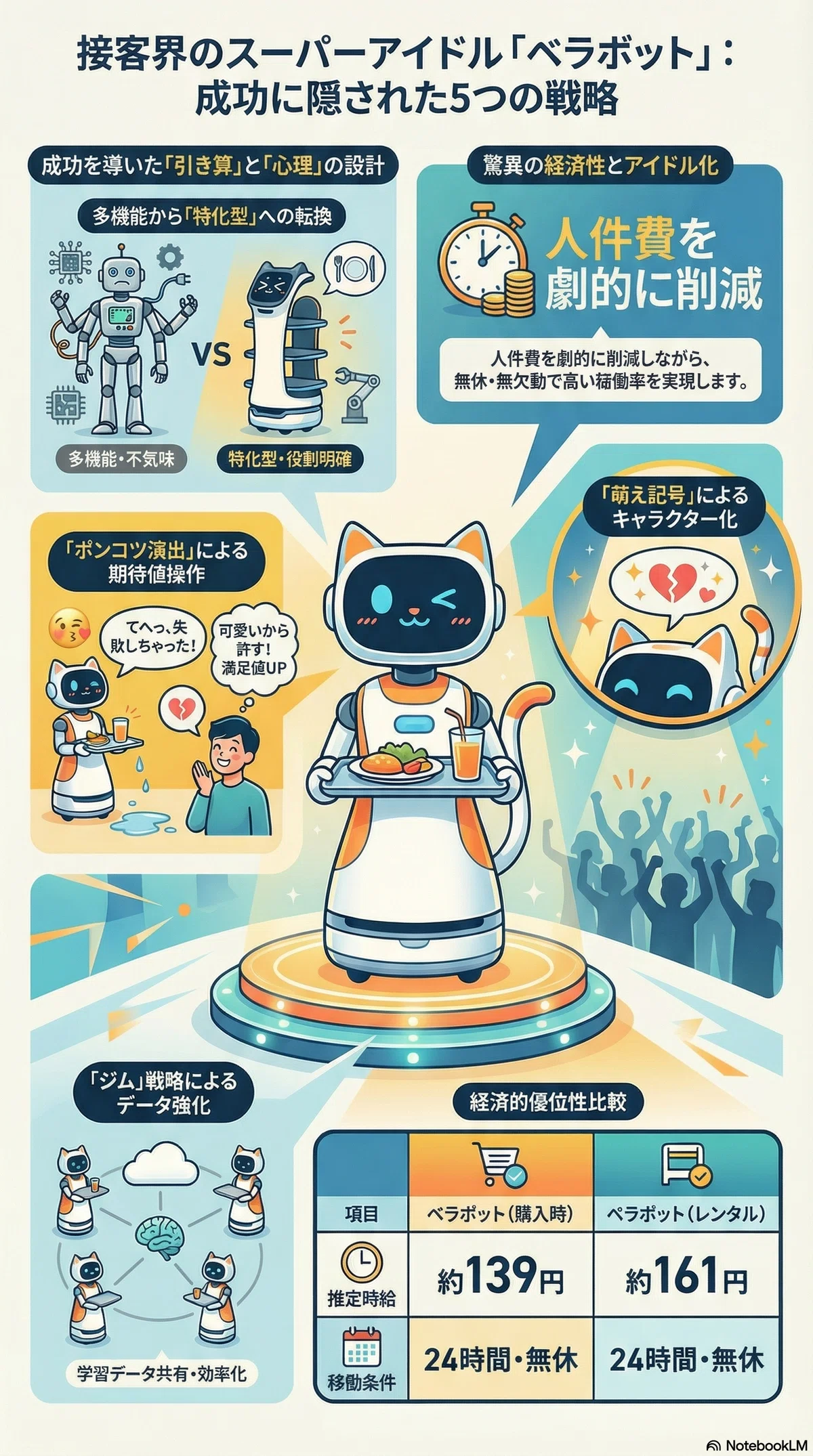 AIサブカル研究所、ベラボットの成功戦略5つをまとめた図解。時給139円の経済性とキャラクター化の考察