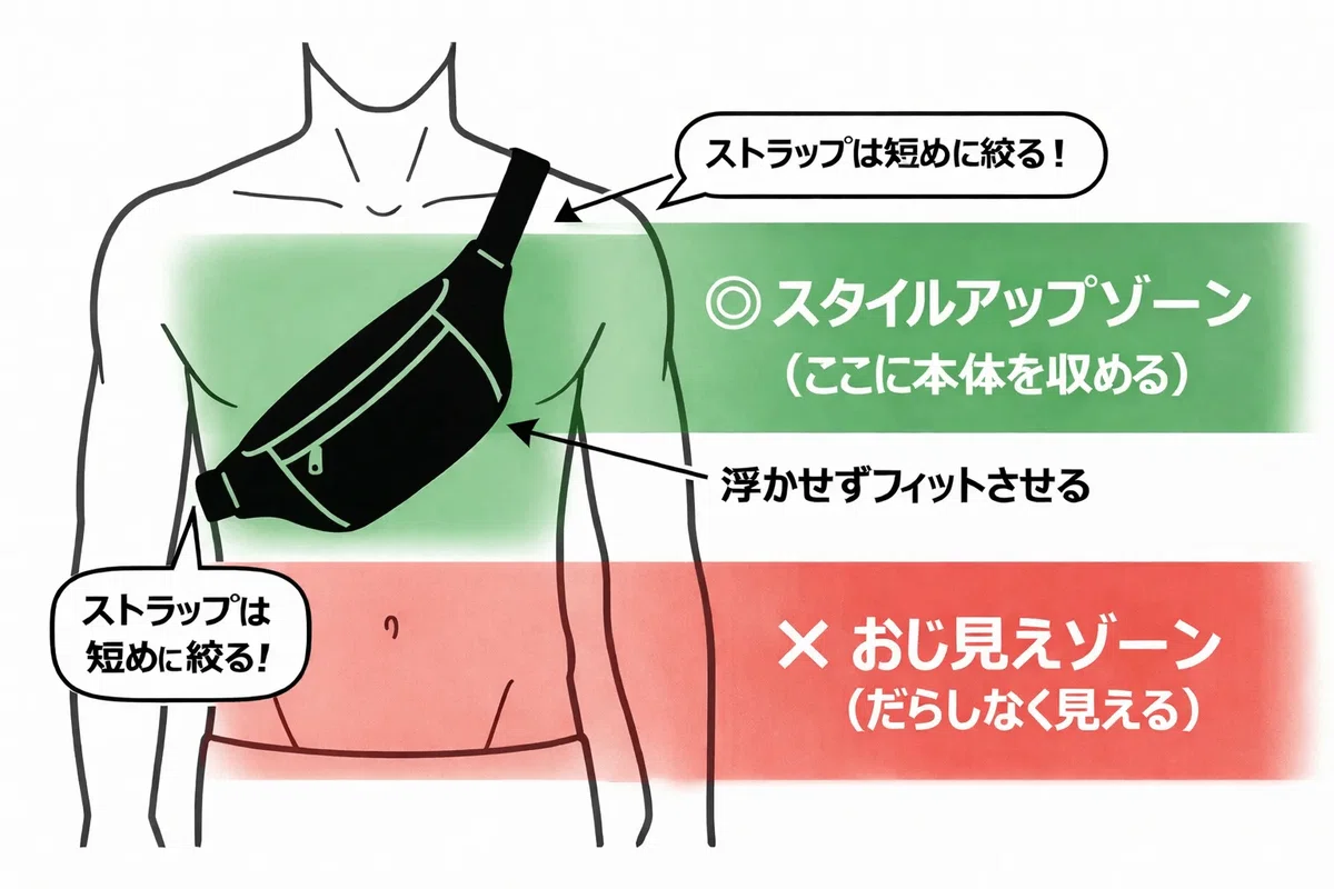 ボディバッグを掛ける位置とストラップ長さのダサく見えない正解の図解