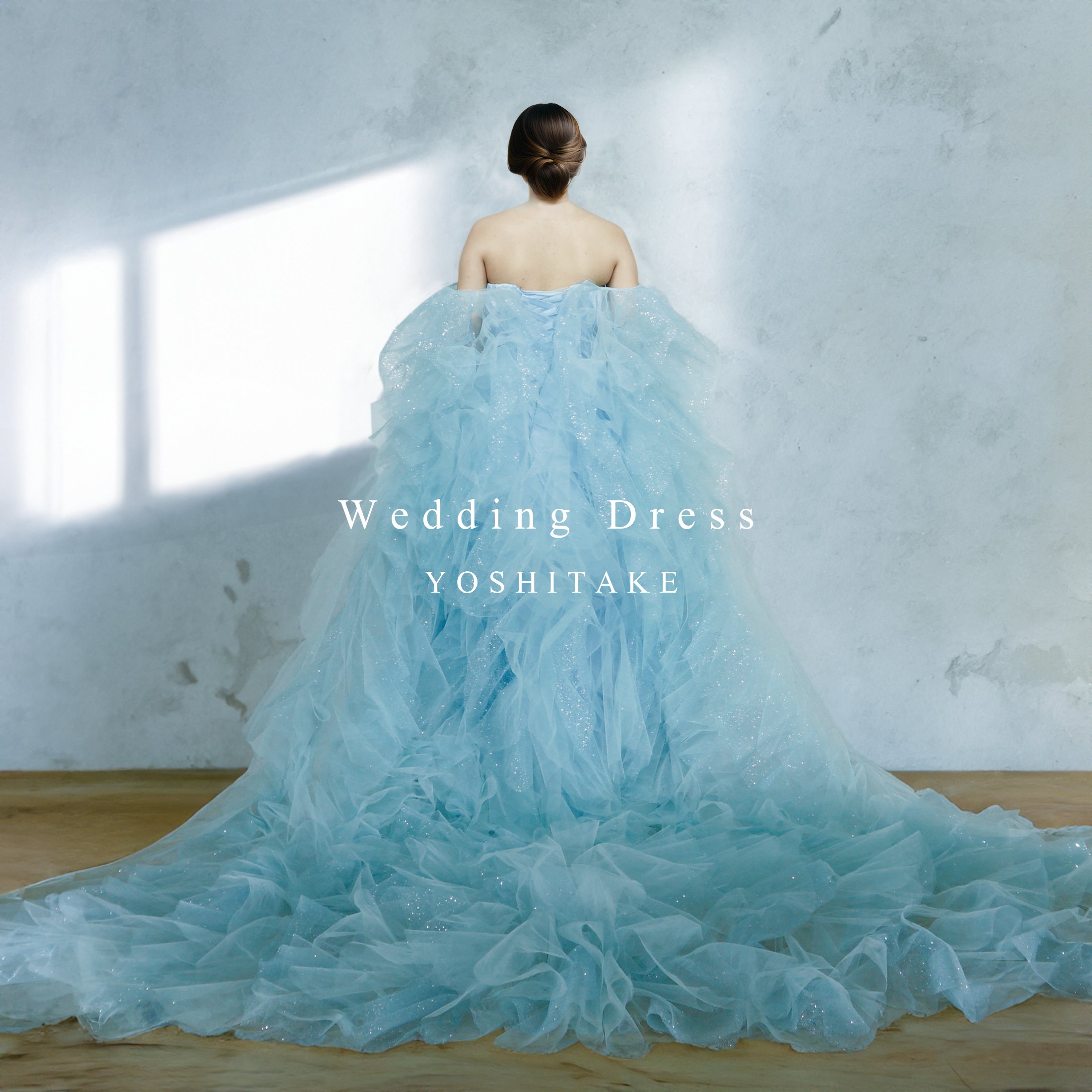 ウエディングドレス.ブルー.カラードレス.フリル.トレーン付き.Y2662