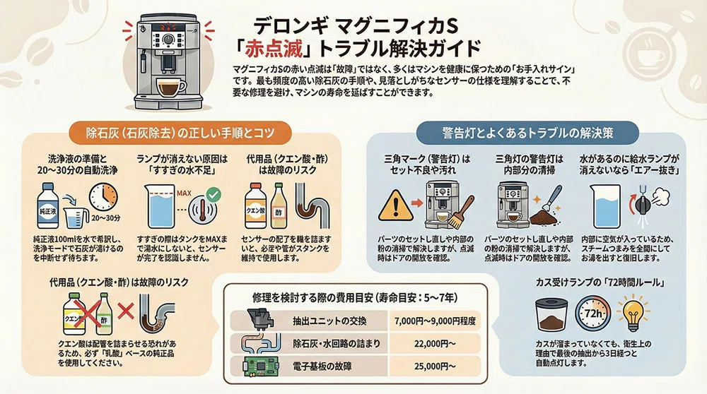 デロンギ「マグニフィカS」の赤点滅は故障？原因と解決法を完全ガイド