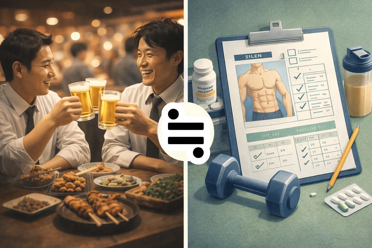 サラリーマンの飲み会イメージとボディメイクのカルテの比較画像