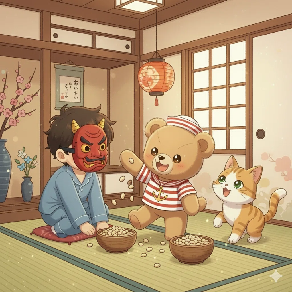 くまたん、ねこさん、男の子で豆まきを楽しみました。