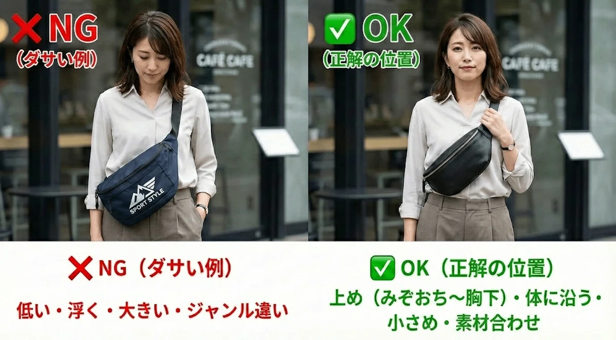 ボディバッグ前掛けはダサい?正解の位置・長さで解決|レディース/30代もOK