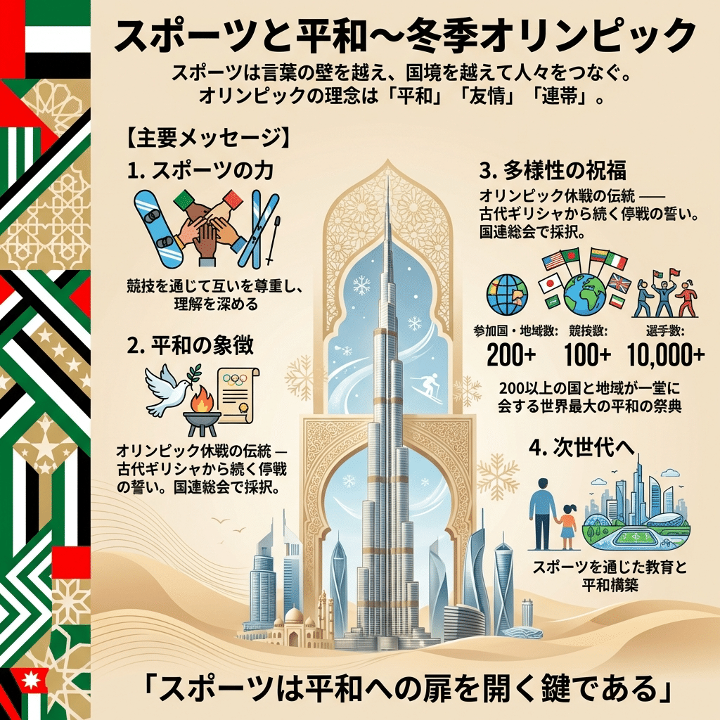 アラブ首長国連邦のデザインで描く「スポーツと平和〜冬季オリンピック