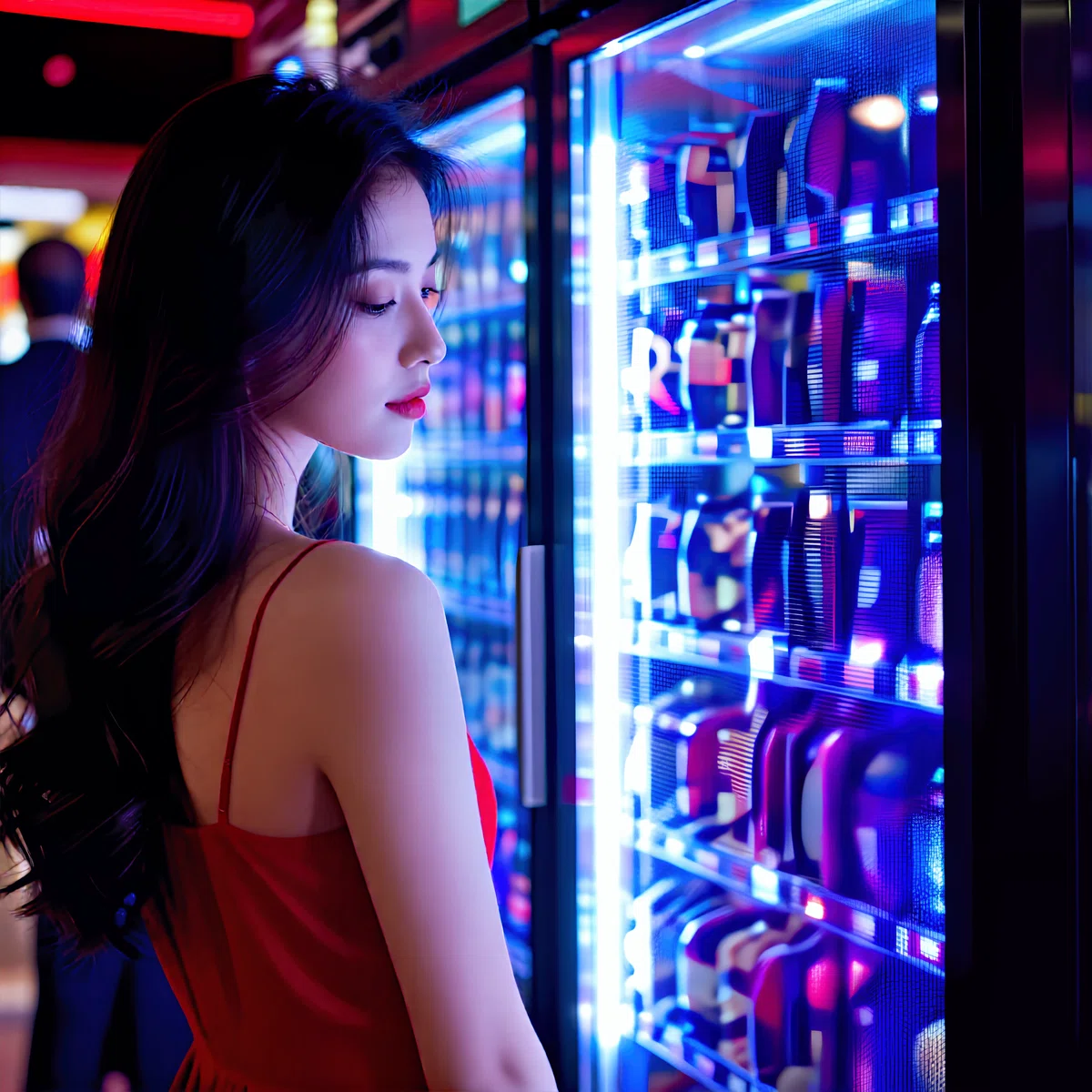 店の飲料の冷蔵棚の前の女性のポートレート。Z-Image_clear_photorealモデルのコンセプトイメージグラフィック。