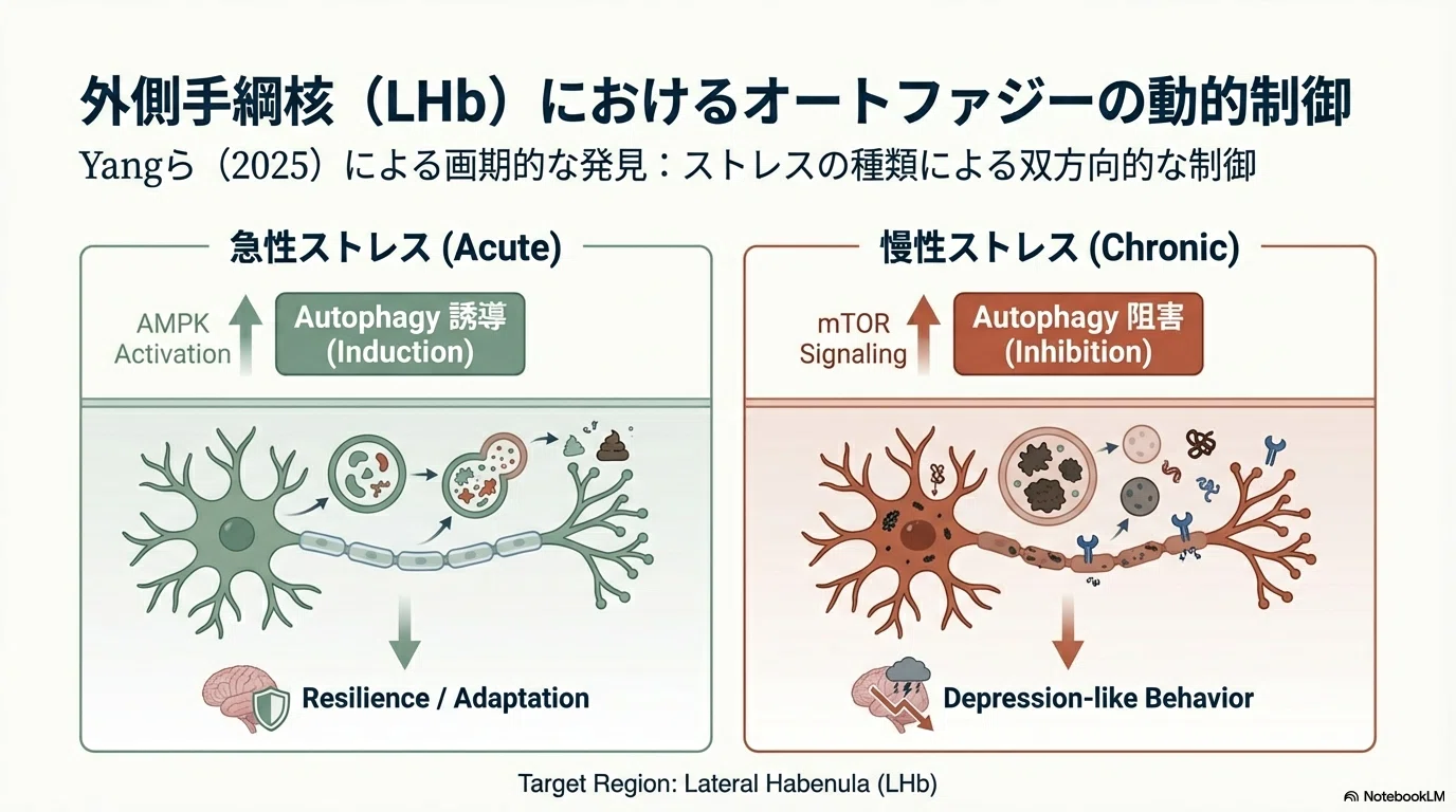 うつ病とオートファジーに関連する分子変化：脳内外側手綱核（LHb