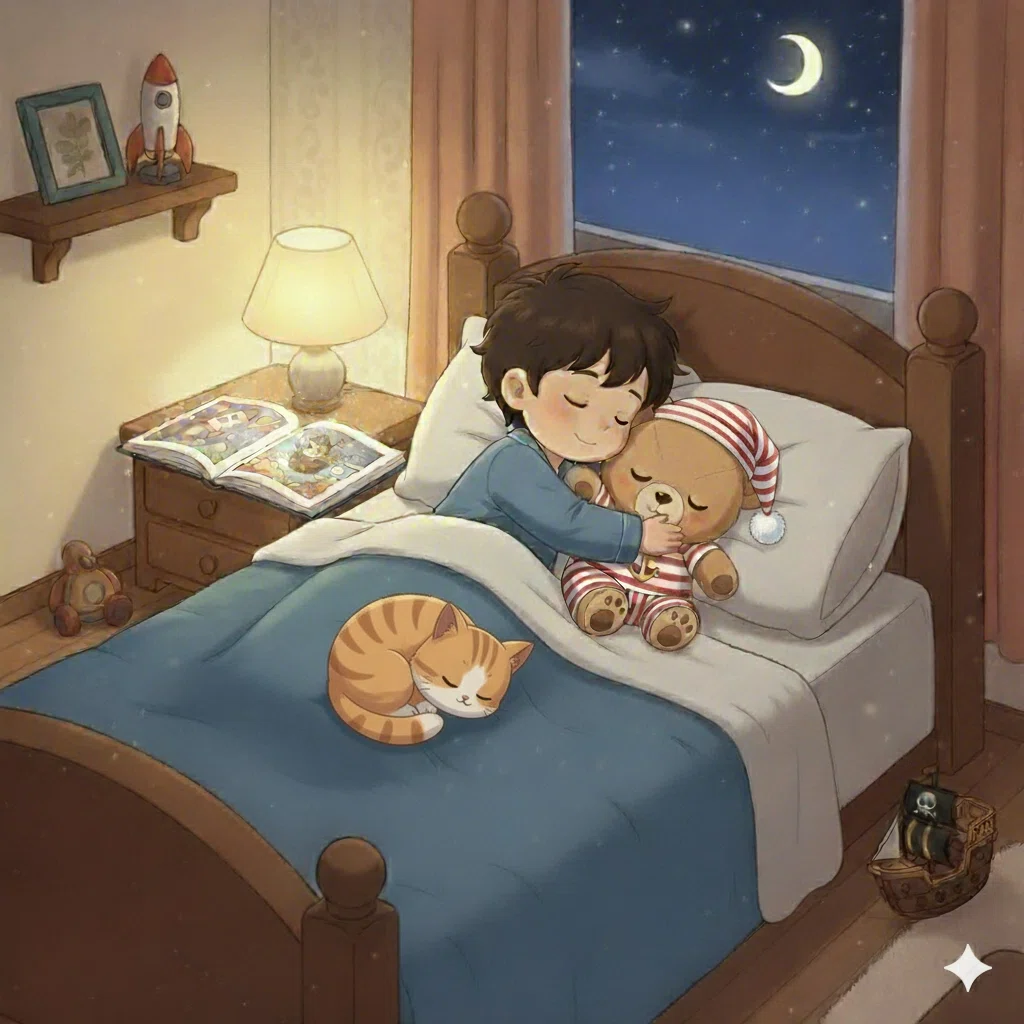 パジャマ姿のくまたんとひでくん。ねこのトラも一緒に