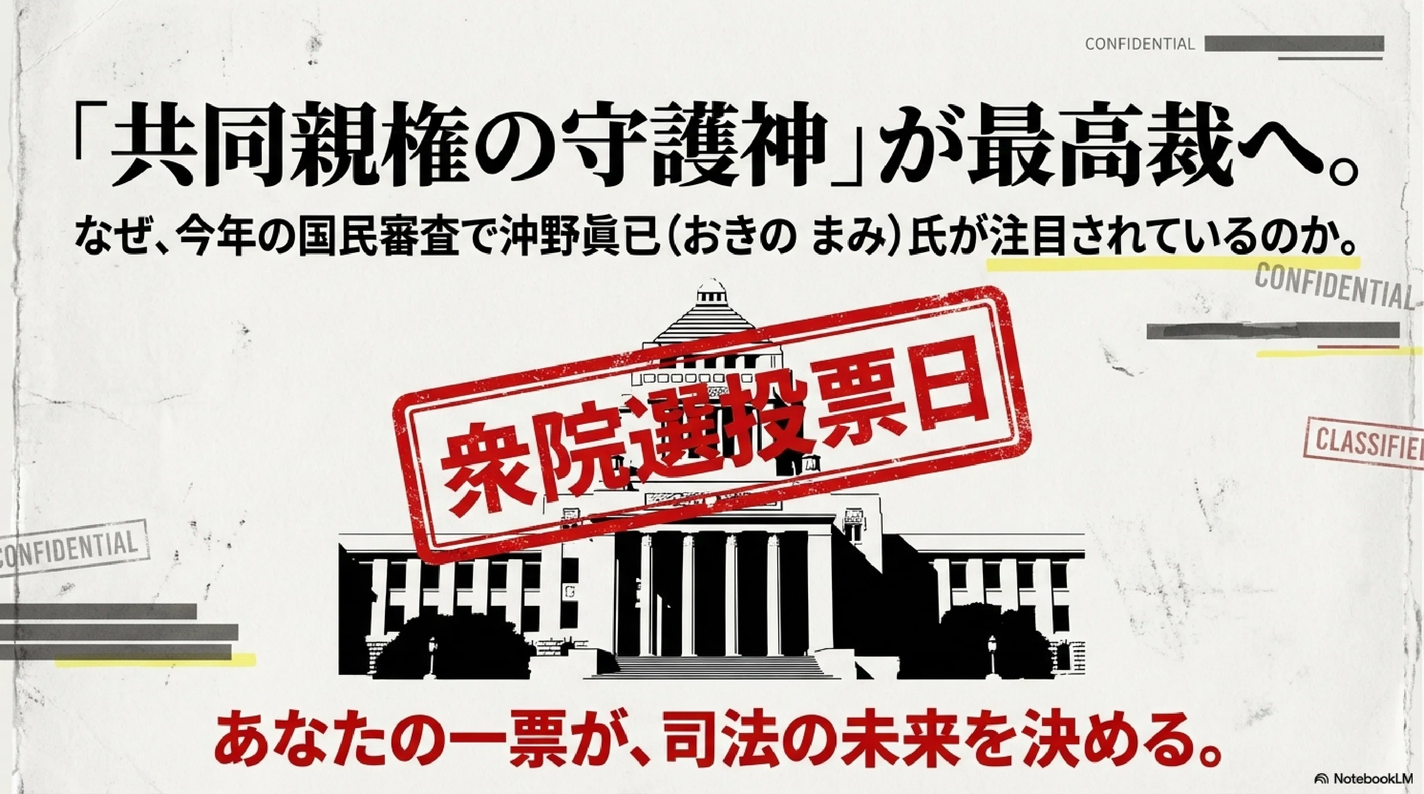 AI作成】「共同親権の守護神」が最高裁へ。なぜ、今年の国民審査で沖野