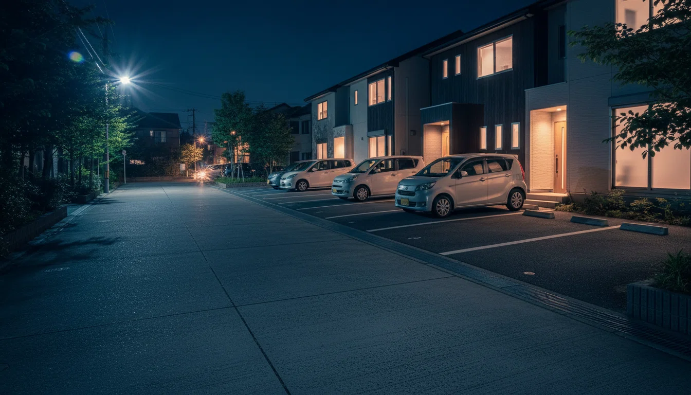 夜間の駐車場でセキュリティ対策を施したアルファード