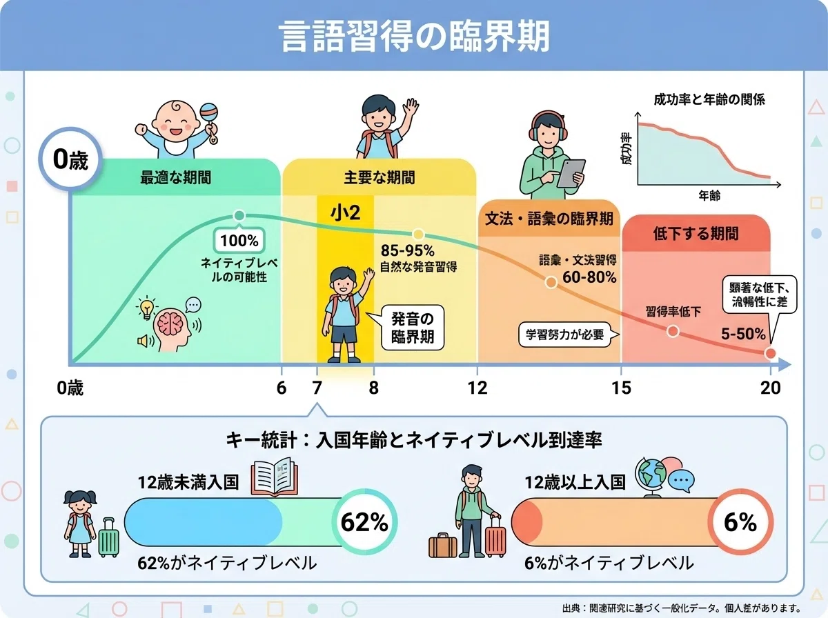 年齢別の臨界期を視覚的に表現
小2(7-8歳)が発音習得の最適期であることを強調
スウェーデンの研究データ(12歳未満入国62% vs 12歳以上入国6%)を図示