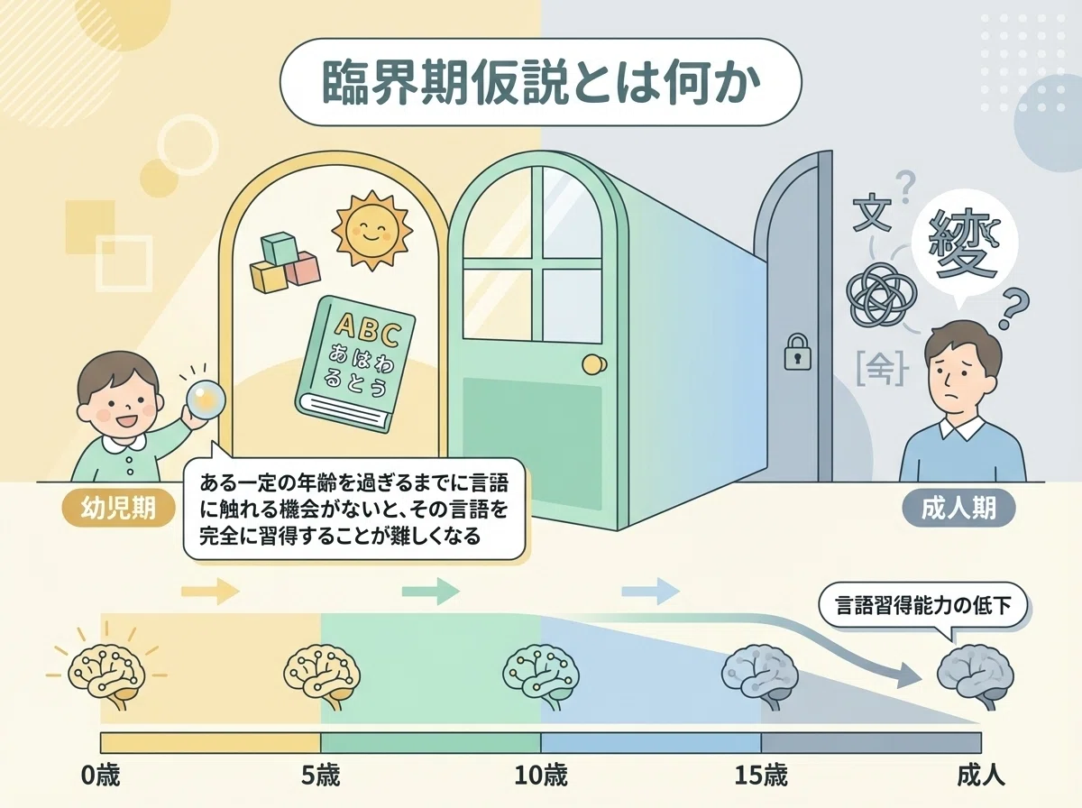 臨界期仮説の概念を説明するインフォグラフィック。開いた窓や扉が年齢とともに徐々に閉じていく視覚的メタファーで、『ある一定の年齢を過ぎるまでに言語に触れる機会がないと、その言語を完全に習得することが難しくなる』という概念を表現。言語を学ぶのに適した時期があることを示す。