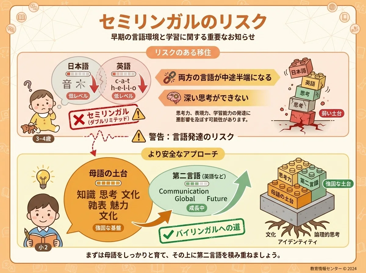 幼すぎる移住と適切な年齢での移住を比較し、セミリンガル(ダブルリミテッド)のリスクを説明