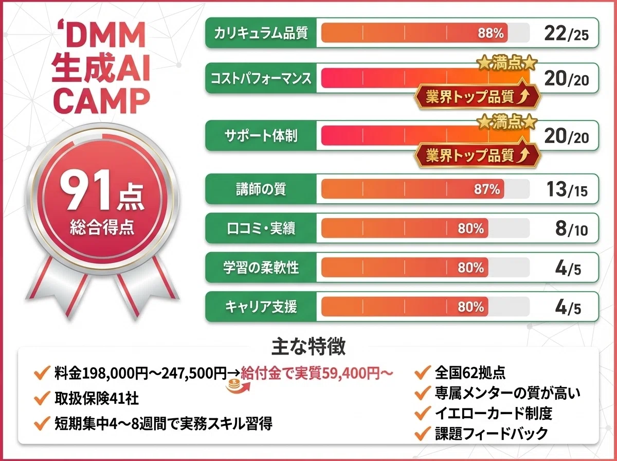 DMM生成AI CAMP詳細

総合得点91点(銀バッジ)
コストパフォーマンスとサポート体制が満点(金星で強調)
主な特徴6項目(給付金活用で実質59,400円〜等)
おすすめな人と基本情報
赤/ピンク色テーマで統一