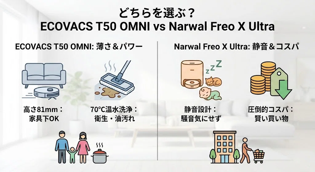 エコバックスT50 OMNIとナーワルFreo X Ultra比較！違いは高さとゴミ