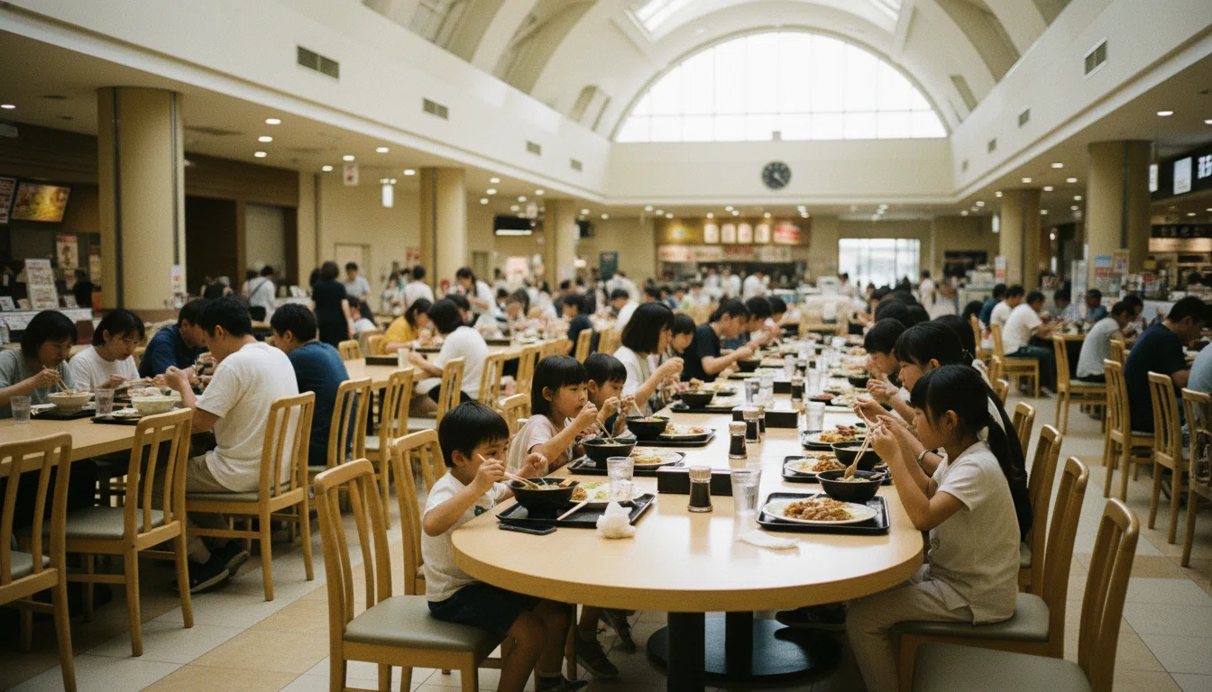 イオンモールのフードコートで家族連れが食事をする風景