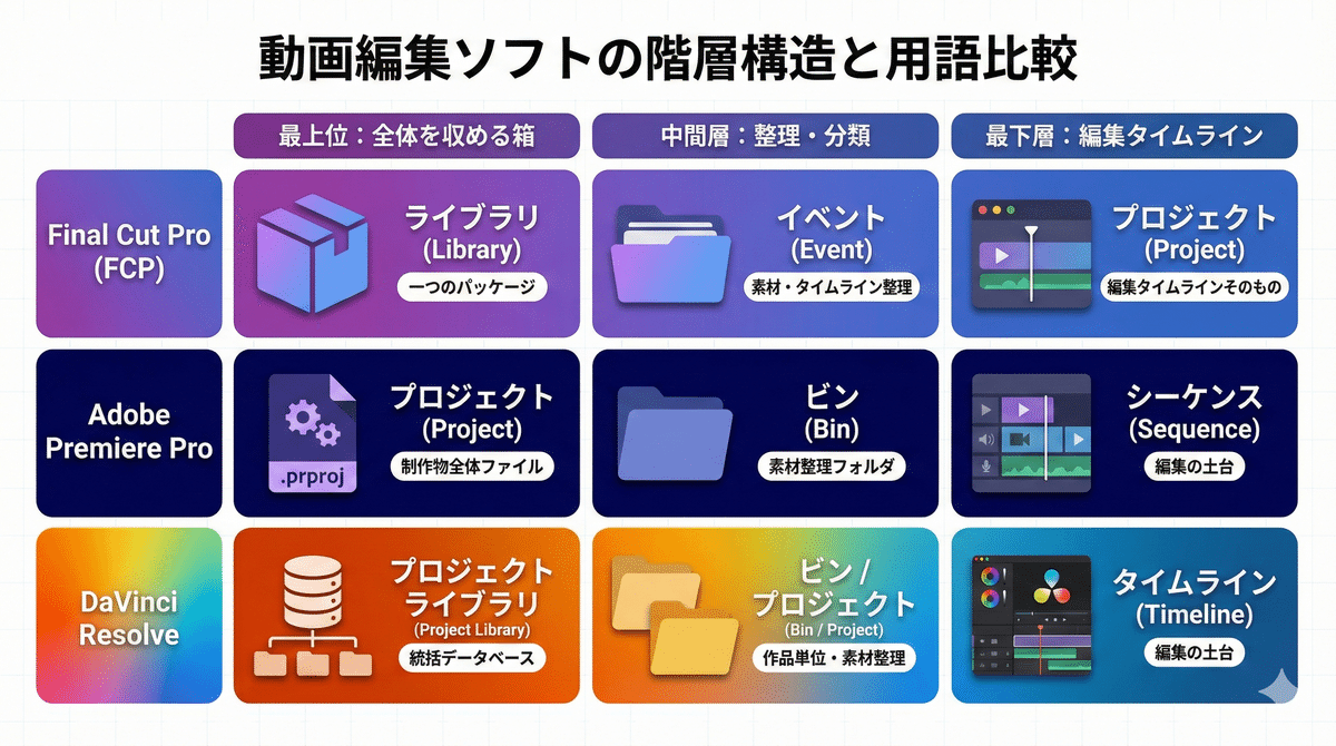 動画編集ソフトの階層構造と用語の整理｜Final Cut Pro・Premiere Pro