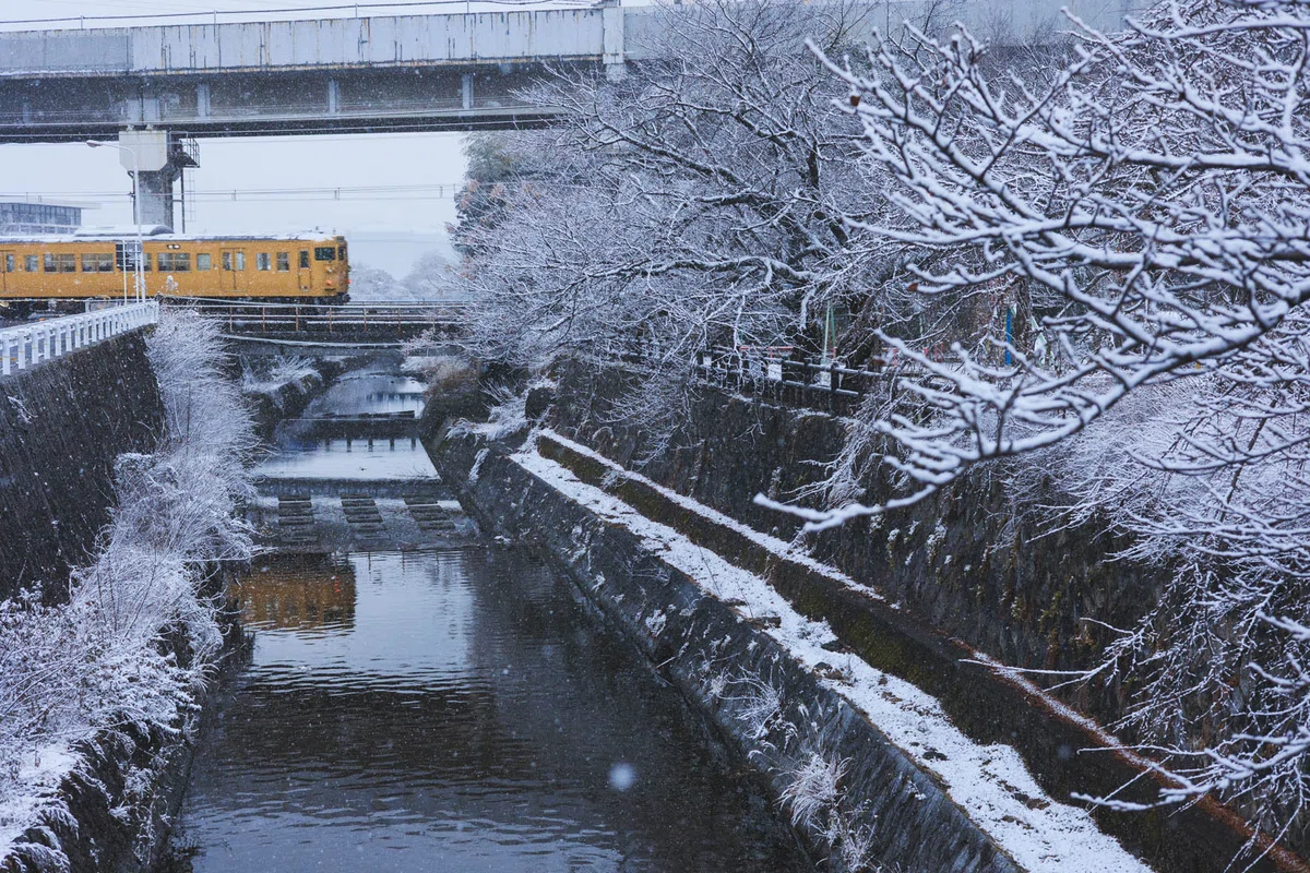 雪の降った山口県周南市。東川を渡る山陽本線をEOS R6で撮りました。