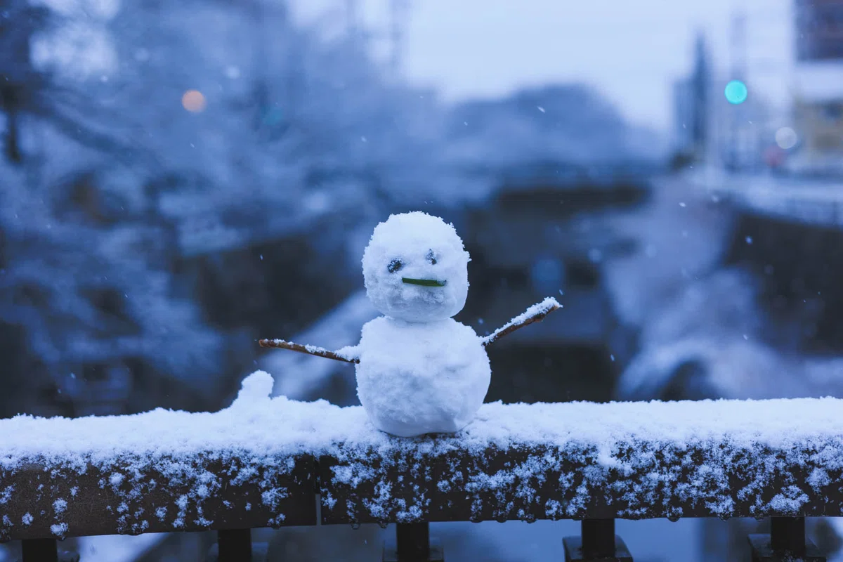 雪の日の東川（山口県周南市）。橋の上に雪だるまがありました。