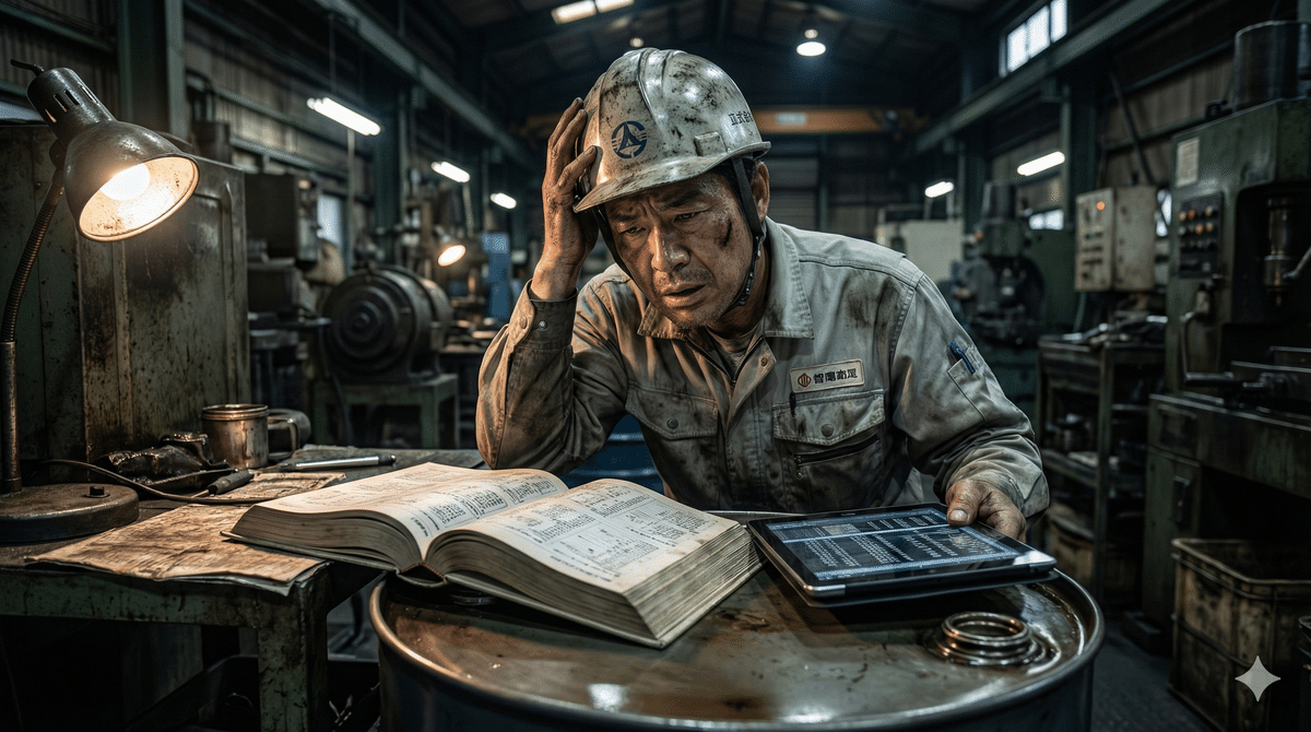 薄暗い工場の中で、ヘルメットを被った作業員が複雑な書類やドラム缶を前に頭を抱えている、悩みやプレッシャーを感じさせるリアルなシーン