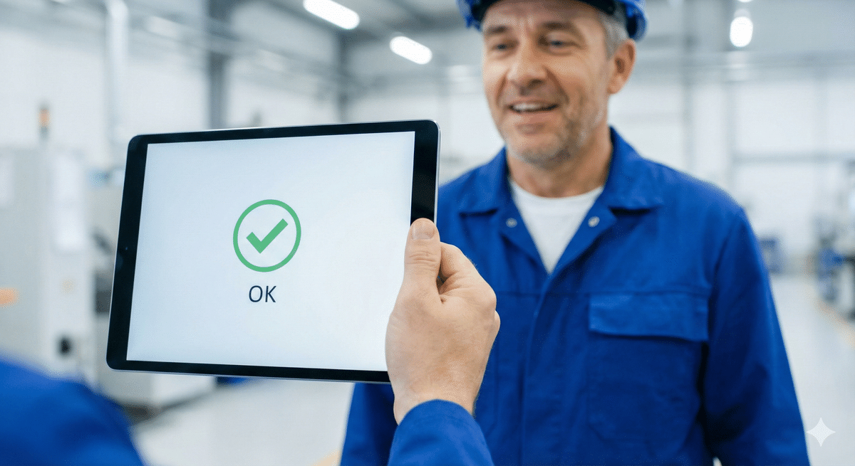 スマホやタブレットの画面にシンプルな計算結果が表示され、工場の責任者がホッとした表情で「OK」サインを出しているシーン
