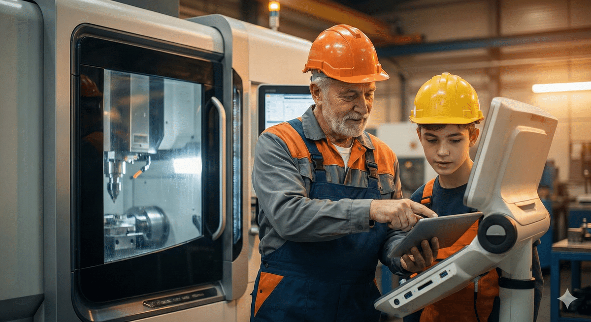 工場のベテラン社員が若手社員にタブレットを見せながら、穏やかな表情で何かを教えている、技術と安心の継承を感じさせるシーン