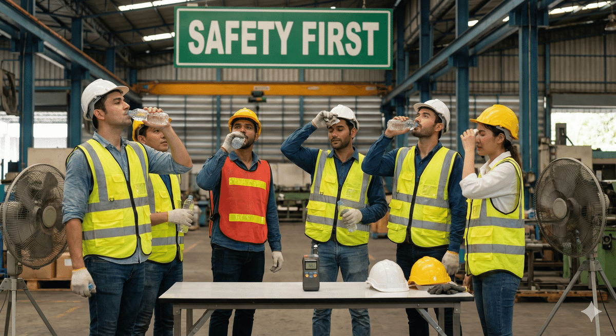 猛暑の工場内で、温度計やWBGT測定器を確認し、作業員たちが水分補給をして笑顔を見せている、安全配慮が徹底されたシーン