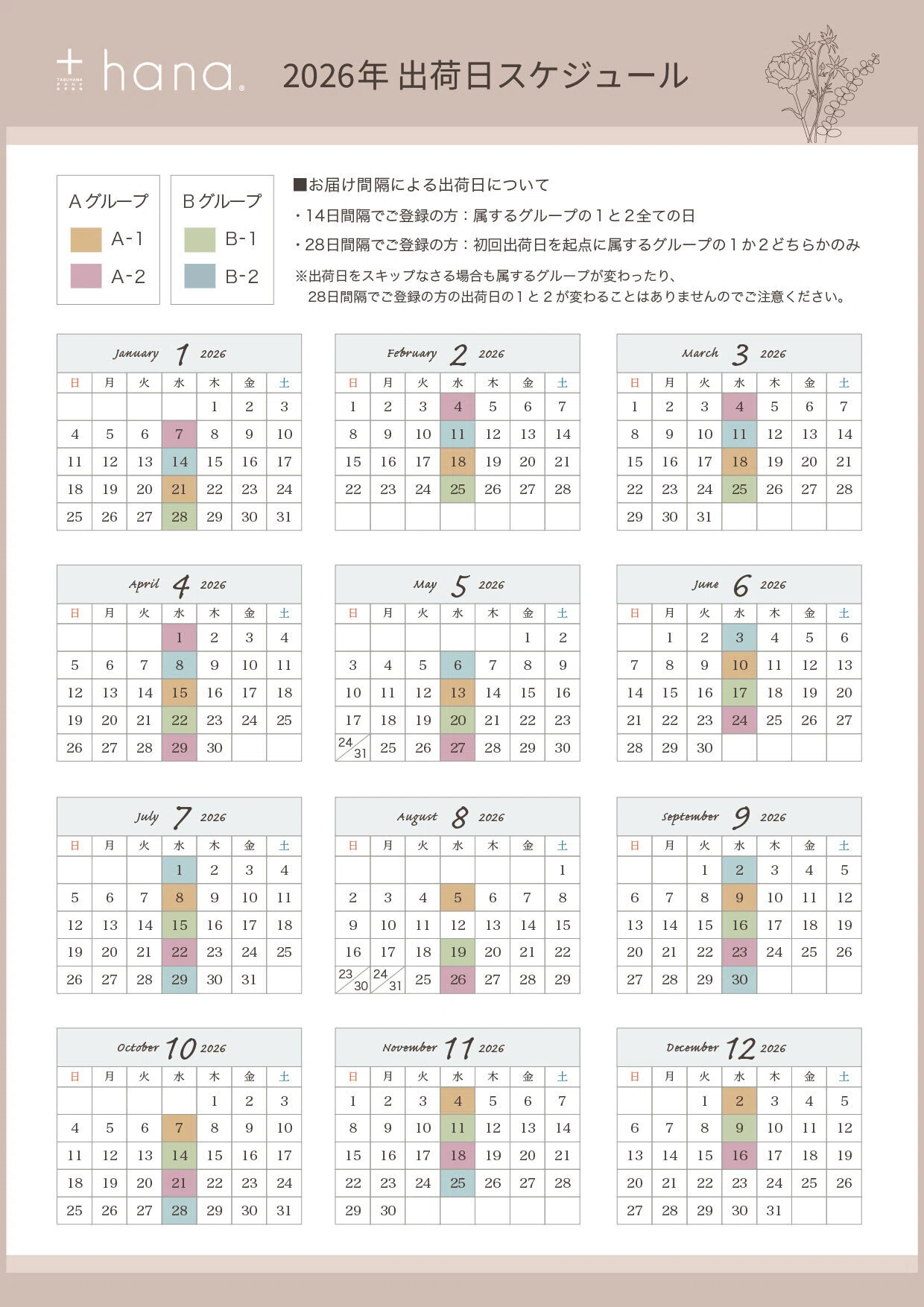 2026年 +hana 定期便 出荷スケジュールについて｜＋hana タスハナ