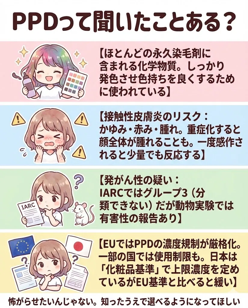  PPD パラフェニレンジアミン リスク アレルギー 発がん性 EU規制 図解