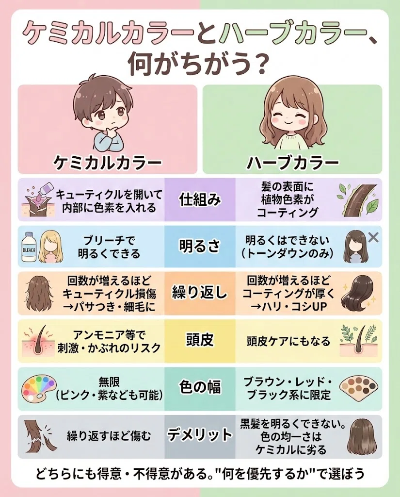 ヘナ ケミカルカラー ハーブカラー 仕組み 比較 メリット デメリット 図解
