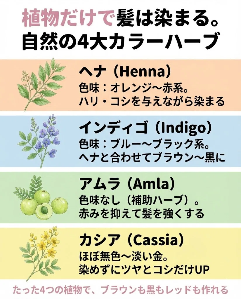 ヘナ インディゴ アムラ カシア 4大ハーブ 植物カラー 図解
