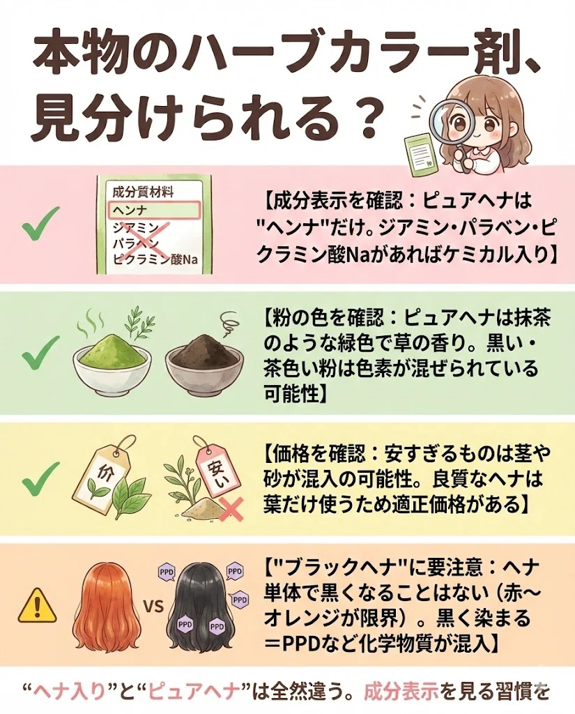 ヘナ 本物 見分け方 ピュアヘナ ブラックヘナ 成分表示 図解