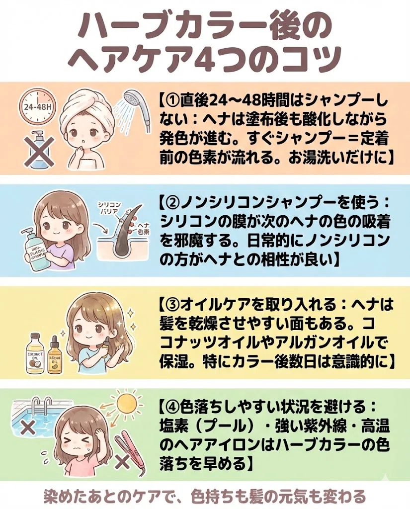 ヘナ カラー後 ヘアケア シャンプー オイルケア 色持ち 図解
