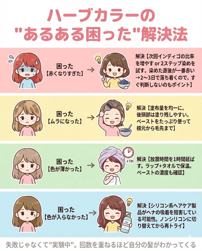 ヘナ トラブル 解決法 赤すぎる ムラ 色が薄い 図解