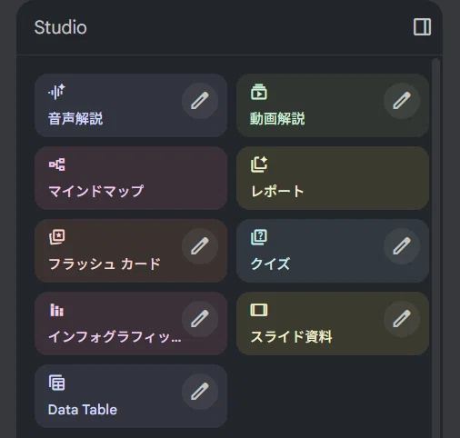 notebookLMのStudioメニュー