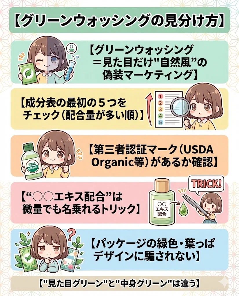 グリーンウォッシング 見分け方 化粧品 ナチュラル 嘘 表示 オーガニック 偽物