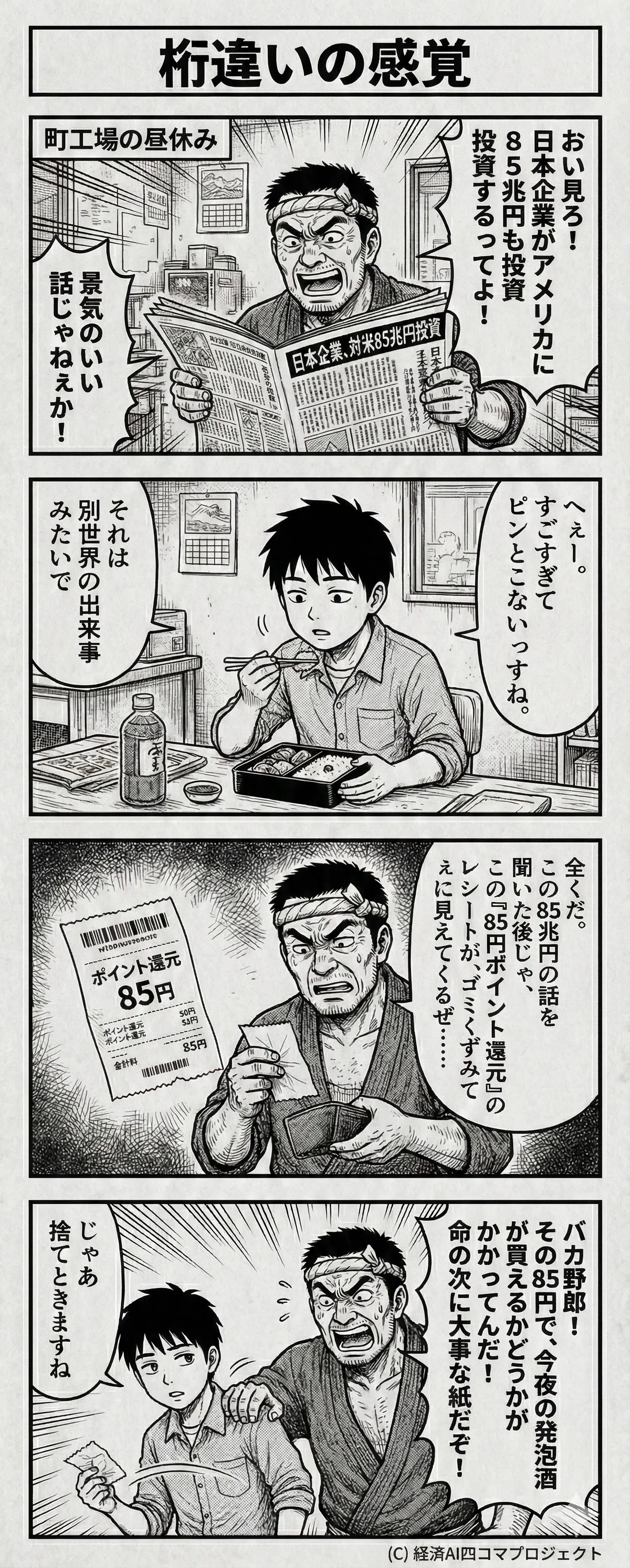 タイトル「桁違いの感覚」。町工場の昼休み、新聞で「日本企業が対米に85兆円投資」という巨額ニュースを見た職人が、その規模の大きさに圧倒される。直後、自分の手元にある「85円のポイント還元」レシートがゴミ屑に見えると嘆くが、後輩が捨てようとすると「その85円で今夜の発泡酒が買えるんだ!」と必死に止める、巨額投資と庶民の切実な金銭感覚の対比を描いた4コマ漫画。