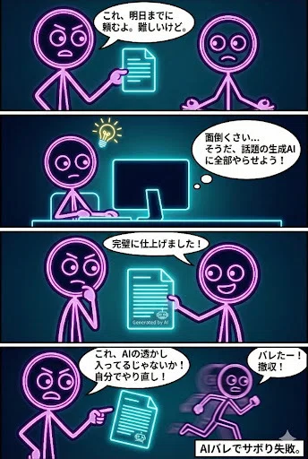 ネオンキャラクターによる4コマ漫画。上司から難しい仕事を頼まれた部下が、面倒くさがって生成AIにすべてを丸投げする。完璧に仕上げたと意気揚々と提出するが、書類の隅に「Generated by AI」という透かしが入っており、即座にバレて上司に怒られる。AIを使いこなせず「サボり」に失敗し、慌てて逃げ出す様子を描いたシュールな作品。