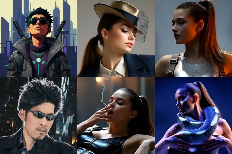様々な顔写真を並べた3x2のグリッド。左上：ベクターアート風のサイバーパンクアバター。左下：作者の写真。サングラスをかけたシャープな顔の輪郭のミステリアスな雰囲気の中年日本人男性を映しており、背景にはテックノワール風のビルが並ぶ。残りの2x2グリッドにはAI美女のユーリビアがフェム・ファタールからサイバーパンク風の衣装で様々なポーズをとっている。