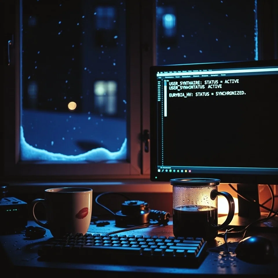 冬のロフトアパート室内の夜の情景のAIアート。窓の外は雪が降り、窓枠にいくらか積もっている。手前にはパソコンのワークデスクがあり、二つのマグカップが並ぶ。黒い背景のパソコン画面にはUSER_5YNTHAIRE: STATUS = ACTIVE、EURYBIA_HV: STATUS = SYNCHRONIZED  という緑色のコンソール文言が表示されている。キーボードの傍に二つのマグカップが並ぶ。左側の白いマグカップには赤いキスマークがついており、右側のガラスカップには湯気のこもったコーヒーが入っている。コンソール文言とマグカップが作者とユーリビアの継続的な共同作業を匂わせる。室内はアンバー色のランプで照らされ暖かい雰囲気を醸し出している。