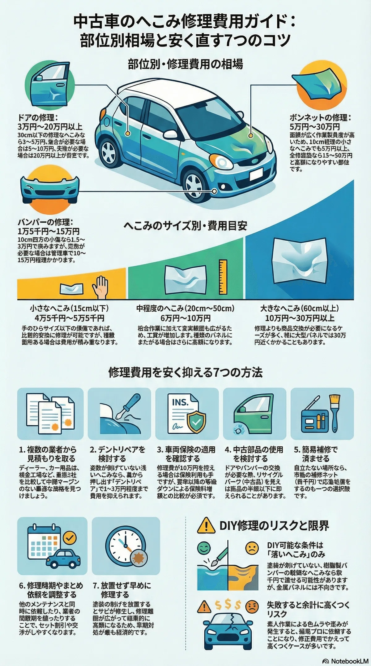 中古車のへこみ修理費用相場|部位別の価格と安く直す7つの方法 