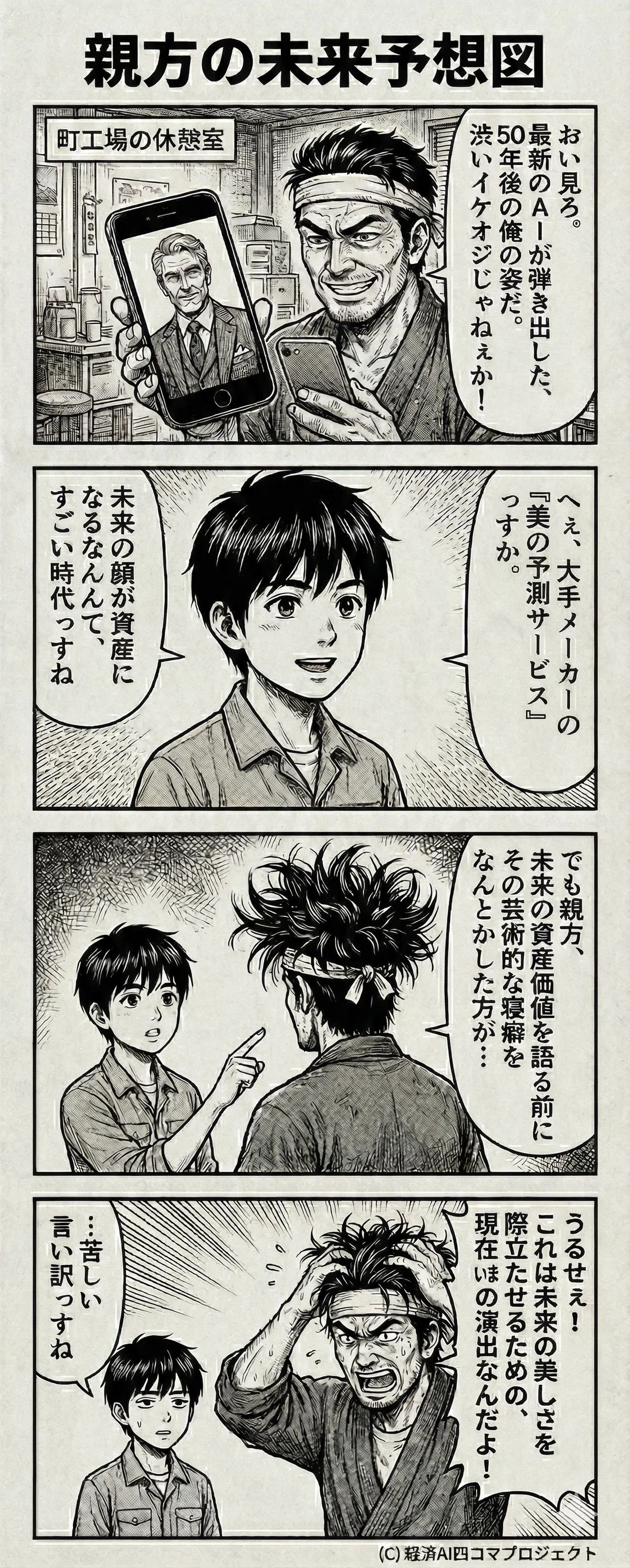 町工場の休憩室で、親方がスマホのAIアプリで生成した「50年後の渋いイケおじ姿」を弟子に自慢げに見せている4コマ漫画。弟子は未来の顔が資産になる時代の凄さに感心しつつも、親方の今のひどい寝癖を指摘する。親方は「未来の美しさを際立たせるための演出だ」と苦しい言い訳をするオチ。