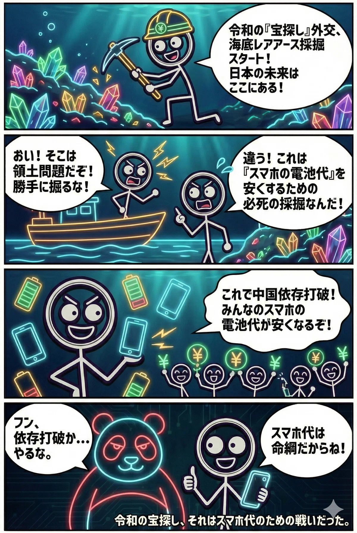 海底のレアアース採掘をテーマにした4コマ漫画。日本の未来のために採掘を行うキャラクターに対し、領土問題を指摘する声が上がるが、「スマホの電池代を安くするための戦い」だと主張。中国依存を脱却しスマホ代を安くするという目的に、周囲やパンダのキャラクターも納得する、社会風刺を交えたストーリー。