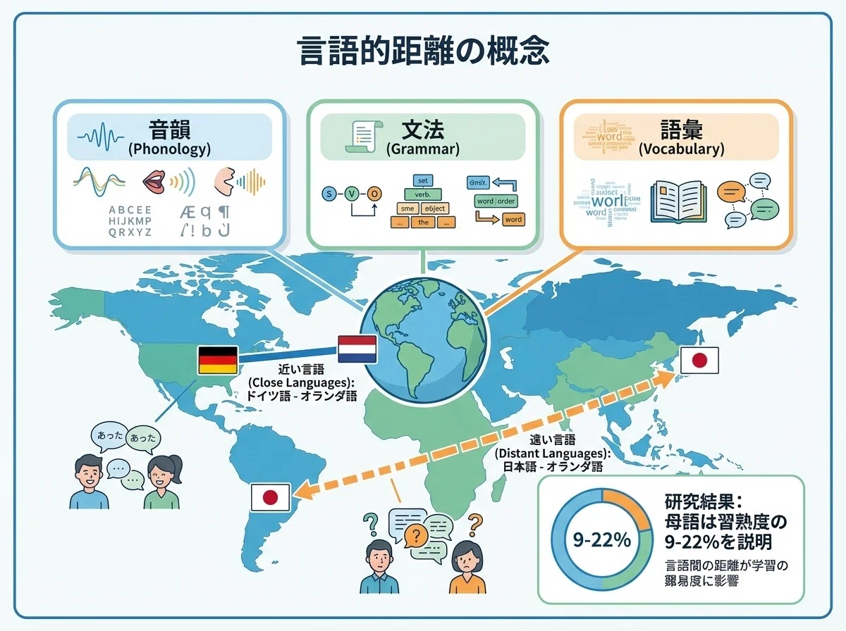 言語距離という概念 - 言語の近さを測る3要素(音韻・文法・語彙)と研究データを視覚化