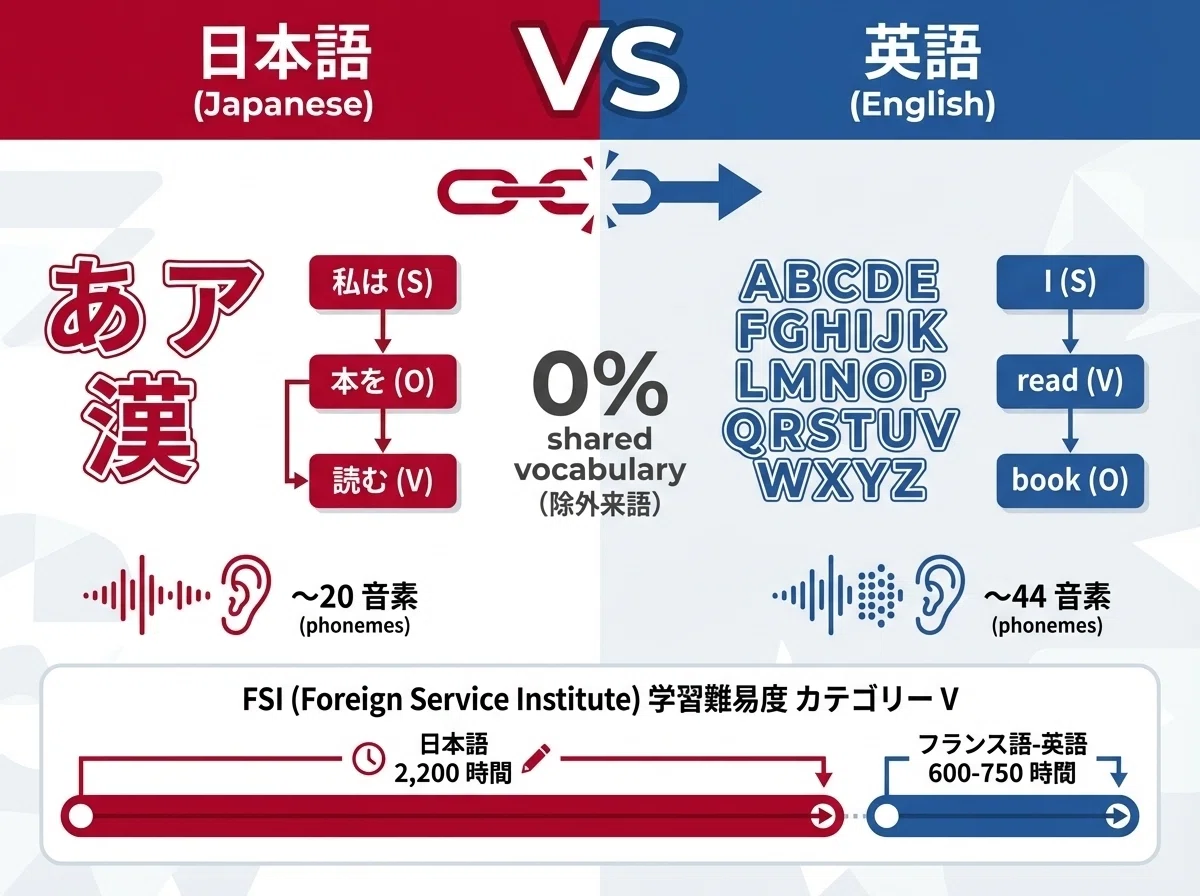 日本語と英語は「遠い」 - 文字システム・語順・音素数の違い、習得時間2,200時間