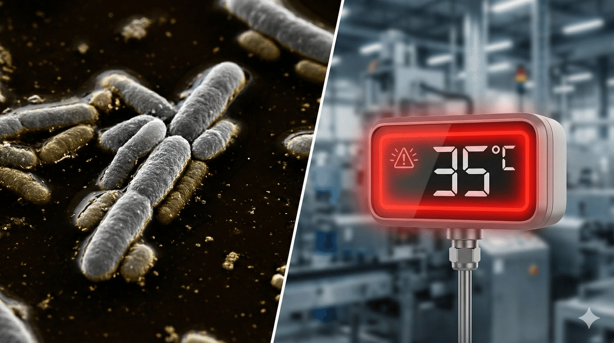 バクテリアのマクロ写真と高温を示す温度計を組み合わせた、科学的な概念図です。