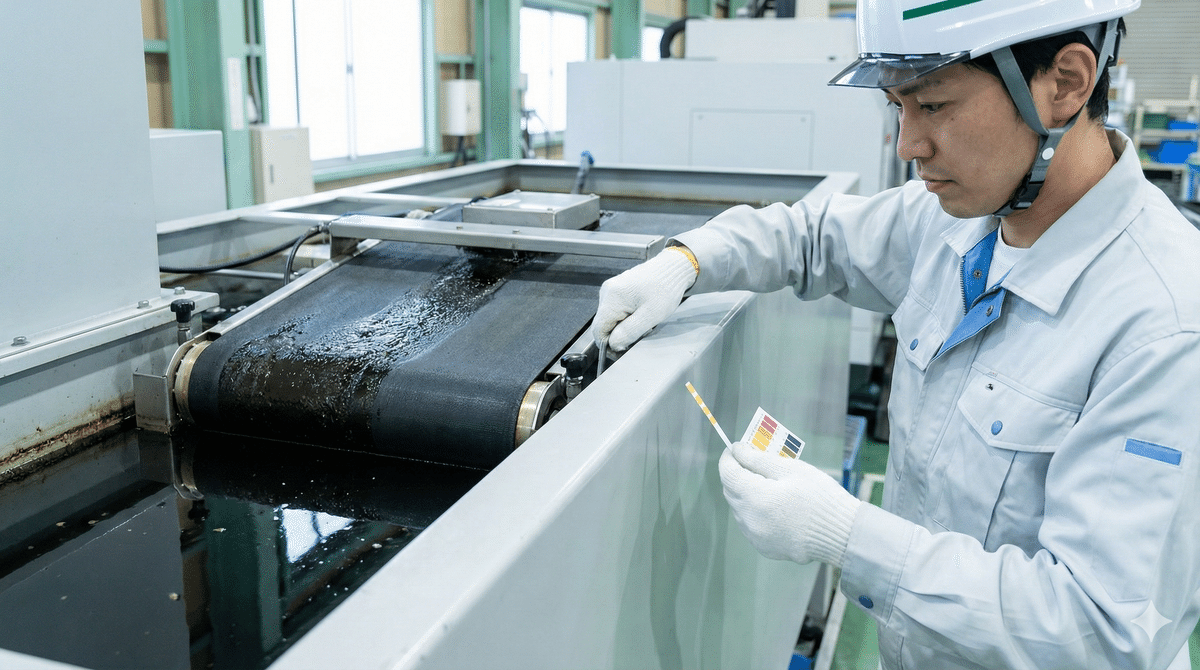 日本の工場で作業員がベルトスキマーを使い、pHチェックを行うメンテナンス風景