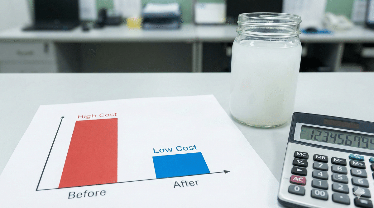 コスト削減の「Before/After」を示すグラフと、きれいなクーラント液が写ったインフォグラフィック