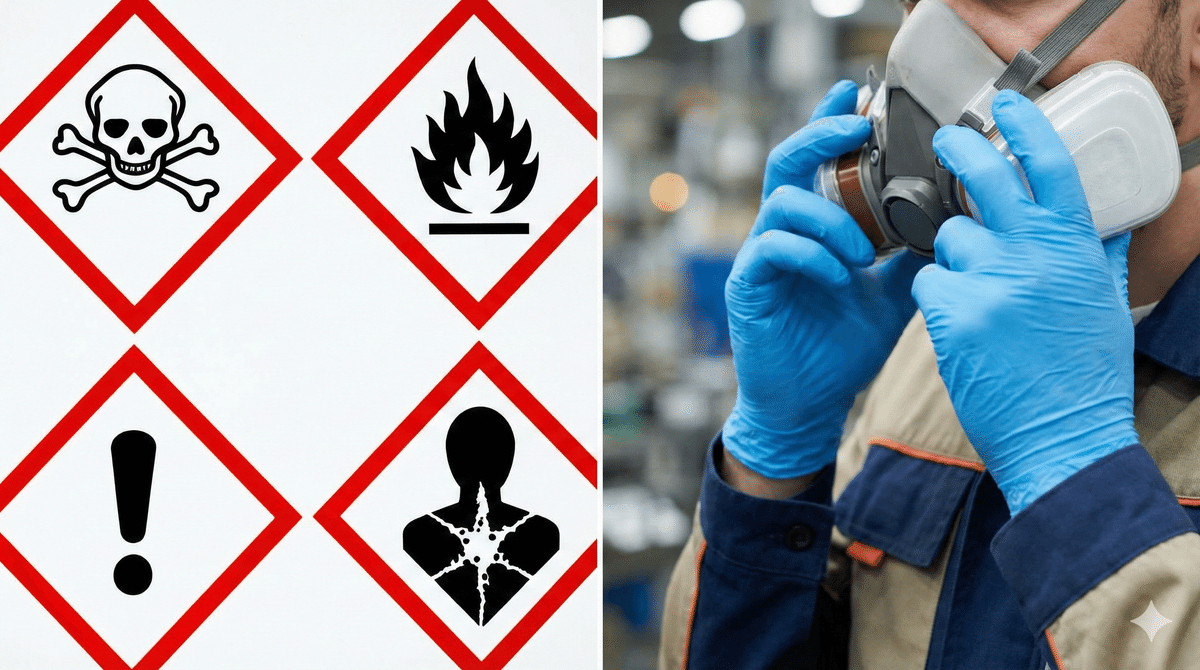 GHSマーク一覧と正しい保護具着用の作業員