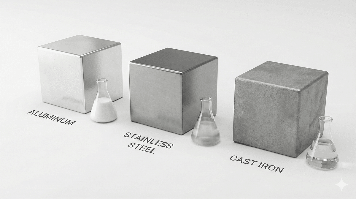 3つの被削材（アルミブロック、SUS棒、鉄鋳物）と推奨油剤のアイコン