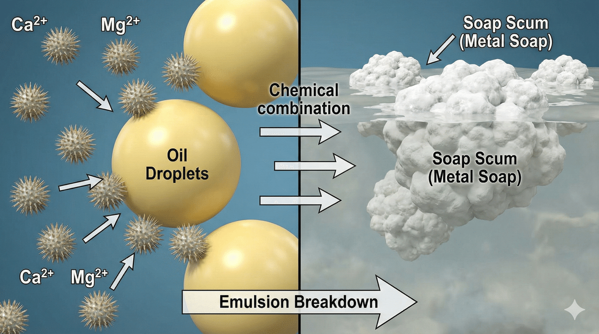 硬度成分（カルシウム）が脂肪酸と結合してスカムになる化学反応のイラスト